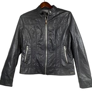 Rino & Pelle Womens 40 Med Faux Leather Moto Jacket Black Zip Pockets Slim Fit